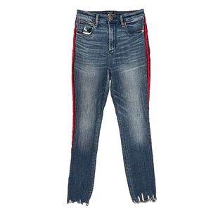 Abercrombie & Fitch Simone High Rise Ankle Distressed w/ Red Stripe Jeans Size 2